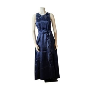 Tahari ASL Women's Navy Bow Front Beaded Neck Detail Mikado Ball Gown Sz 4 $248